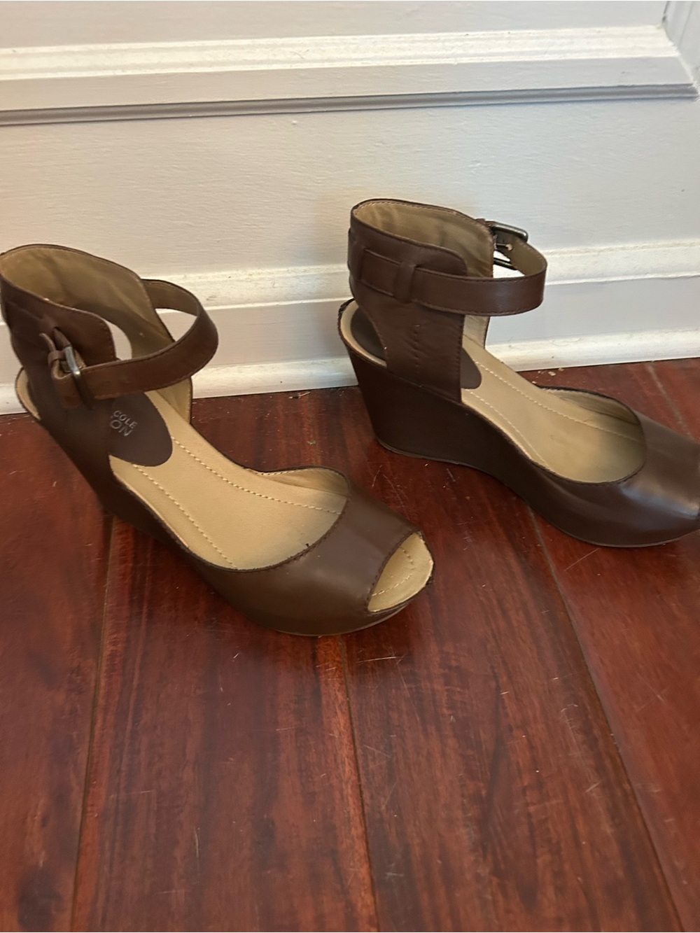 Kenneth Cole Brown Leather Peep-Toe Ankle-Strap Wedges
